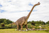 A large, realistic dinosaur statue with a long neck and four legs stands on grassy terrain among bushes and rocks under partly cloudy skies. Captured in profile, this scene feels like stepping into the "Dinosaur Sculpture Wall Mural", where trees whisper tales of the past.