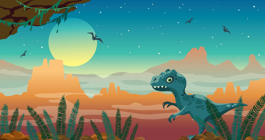 A nursery with a crib, rocking horse, and toys. The wall features the "Dinosaur Under Stars Wall Mural," showing a dinosaur in a prehistoric sunset scene with mountains, pterosaurs, plants, and a large yellow sun against a blue-orange sky.