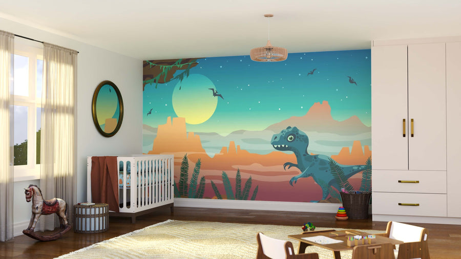 A nursery with a crib, rocking horse, and toys. The wall features the "Dinosaur Under Stars Wall Mural," showing a dinosaur in a prehistoric sunset scene with mountains, pterosaurs, plants, and a large yellow sun against a blue-orange sky.