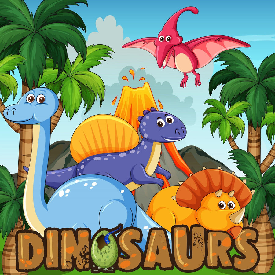 A bright nursery features a crib, toy horse, storage baskets, and a colorful Dinosaurs Wall Mural with cartoon dinosaurs and palm trees. A round mirror hangs nearby while sunlight filters through sheer curtains for a cozy, playful feel.