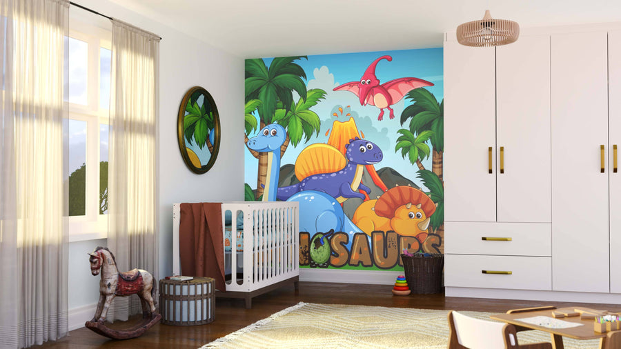 A bright nursery features a crib, toy horse, storage baskets, and a colorful Dinosaurs Wall Mural with cartoon dinosaurs and palm trees. A round mirror hangs nearby while sunlight filters through sheer curtains for a cozy, playful feel.