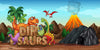 Cartoon dinosaurs surround big "DINOSAURS" letters in a fun, prehistoric setting with palm trees, mountains, and a volcano—ideal for custom-printed Nursery 6 Wall Mural in any kids' room.