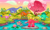 The Dinosaurs by the River Wall Mural features five cheerful dinosaurs by a stream with pink lilies. This peel and stick removable wallpaper adds a playful, prehistoric touch to any room and is easy to apply and remove.