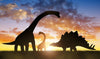 The Dinosaurs in Sunset Wall Mural  features silhouettes of three dinosaurs on grassy terrain with a vibrant sunset backdrop. Perfect for custom printed murals, it adds a unique touch to any space with its captivating prehistoric scene and colorful sky.