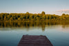 A wooden dock stretches over calm water toward lush trees, mirrored in the lake beneath a clear sky. The Pier 9 Wall Mural brings this serene view into any space—ideal as a custom-printed or peel and stick wall mural.