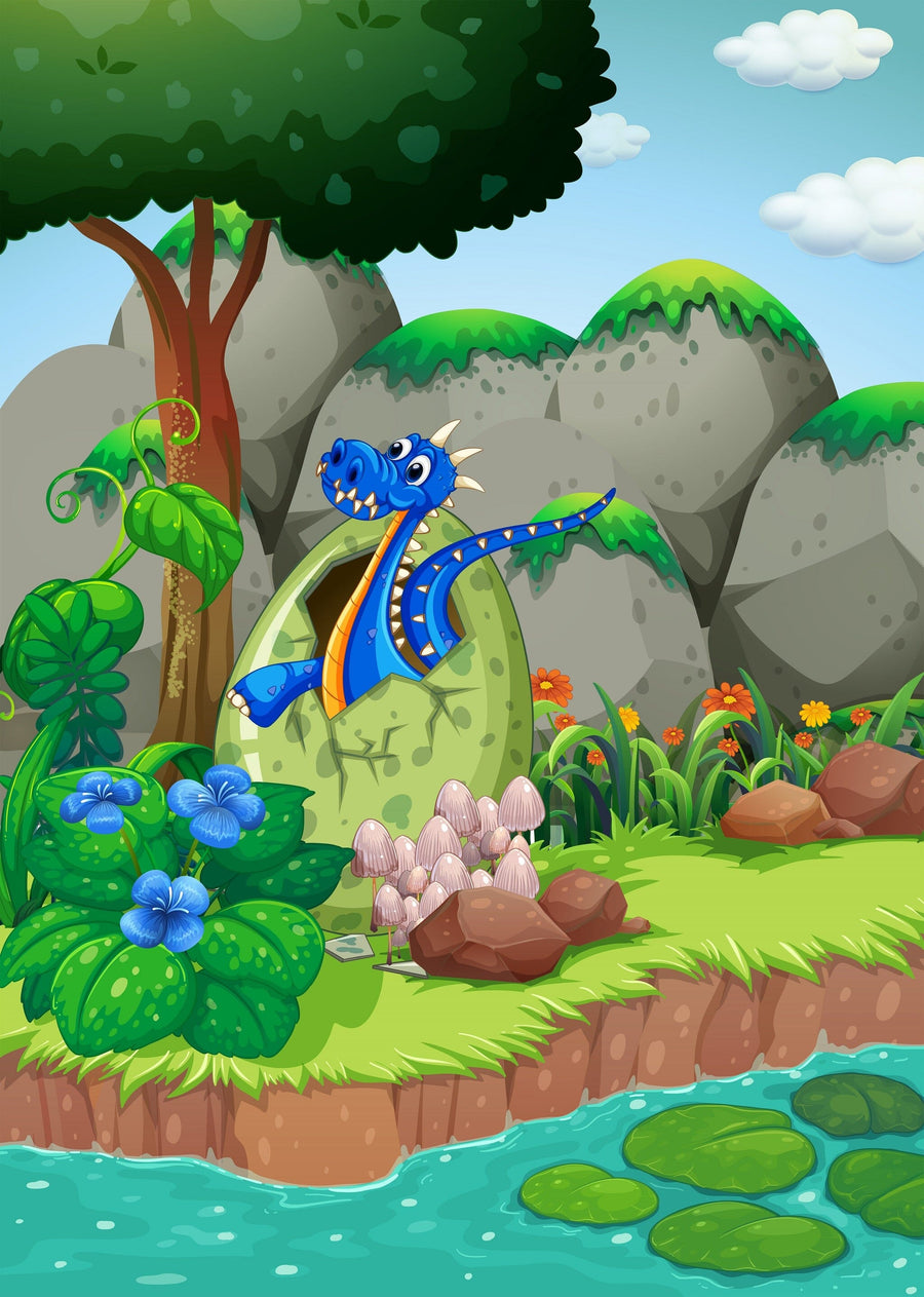 A bright nursery features a crib, wicker baskets, a wooden rocking horse, and a large wardrobe. The Dragon Hatch Wall Mural displays a blue cartoon dragon in a green forest. Sunlight filters through sheer curtains on the left window.