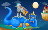 The Nursery 1 Wall Mural features a young knight in silver armor confidently standing on a large blue dragon with yellow spikes, bringing castles, dragons, and magical starry skies to life in your space.