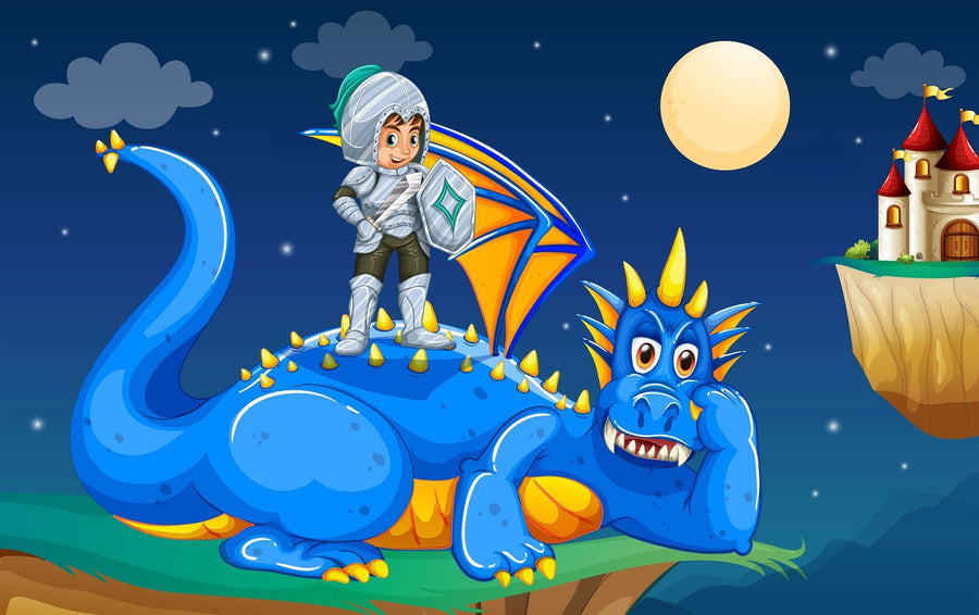 A cozy, sunlit nursery features the Dragon and Knight Wall Mural—a smiling blue dragon with a cheerful child knight under a full moon. A white crib, rocking horse, and soft rug complete this playful setting.