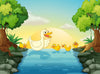 The Nursery 5 Wall Mural features a cartoon duck and four ducklings swimming in a blue river with rocky banks and green trees at sunrise, adding playful charm to any room as an easy peel-and-stick wall decor.