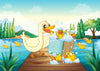 Brighten your room with the Duck Family Wash Wall Mural, featuring a cheerful duck and five ducklings playing in a wooden tub by the lake, surrounded by trees, grass, hills, and a bright blue sky. Peel and stick for easy decor!.