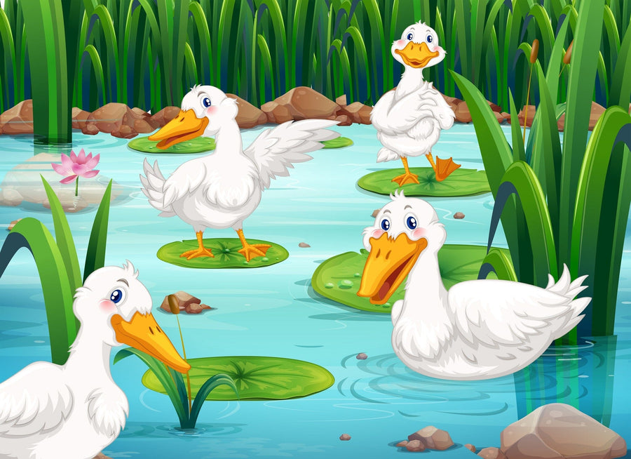 A nursery with a crib, toys, rocking horse, and basket features the Duck Friends Wall Mural—four cartoon ducks on lily pads among green reeds and a pink water lily. Sunlight enters through a window with light blue curtains.