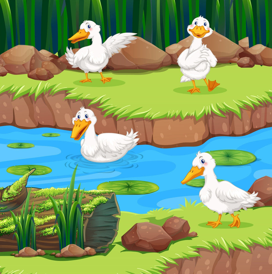 Bring nature into your child's room with the Nursery 8 Wall Mural, featuring three white ducks in a grassy, rocky pond—one swimming among lilies, another on the edge, and one flapping its wings. Removable wallpaper perfect for a serene, nature-inspired space.