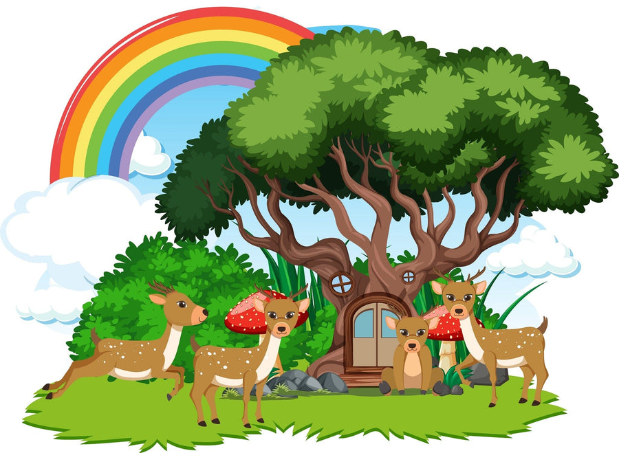 A bright nursery with a white crib, dresser, toys, and plants. The Enchanted Forest Home Wall Mural displays whimsical trees, animals, and a rainbow, adding vibrant color. Wooden shelves above the dresser hold books and decor.