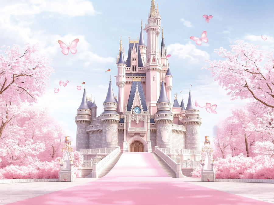 A nursery with a white crib, dresser, and shelves features the Enchanted Pink Castle Wall Mural with butterflies and trees. A gray rug covers the wooden floor, accented by toys, plants, and framed pictures on walls and shelves.