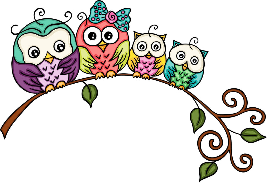 A modern nursery with a crib, white dresser, plant, and wooden floors features the Family of Colorful Owls Wall Mural—four cartoon owls on a branch. Above the dresser, shelves display baby items and framed photos.