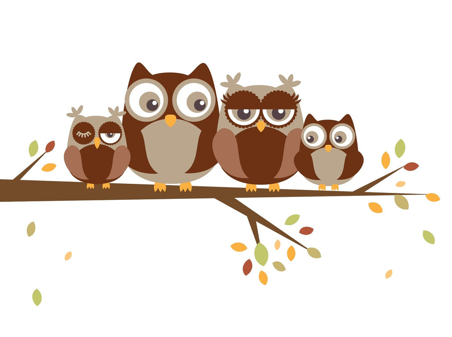 A modern nursery features a white crib, dresser, and plant. Above the crib, the Family of Owls Wall Mural with four brown owls on a branch adds charm. Shelves and framed pictures complete the cozy decor.