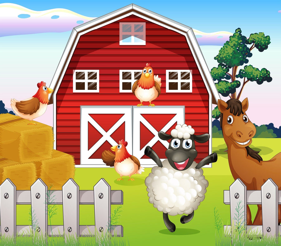 A nursery features the Farm Animals Wall Mural with a red barn, sheep, horse, and chickens. A white crib, plants, toys, framed photos, wood flooring, and a light rug complete the bright and playful room.