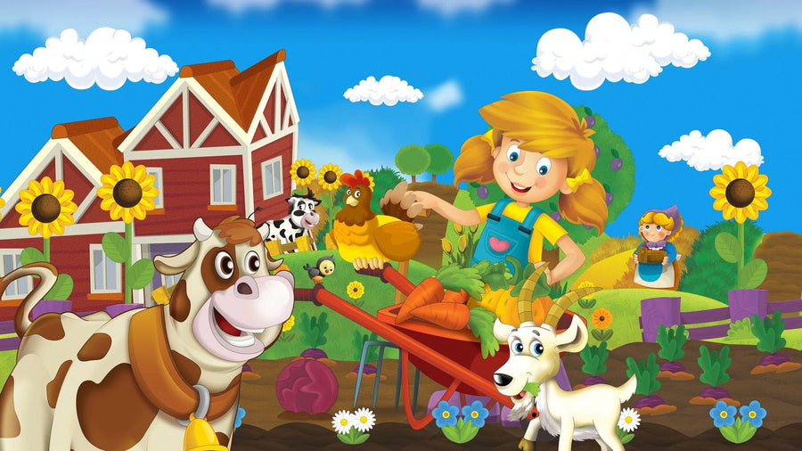 A cheerful nursery features the Farm Family Wall Mural with cartoon animals, a girl, sunflowers, and a red barn, plus a white crib, rocking chair with teddy bear, rug, toy shelf, and window with sheer curtains.