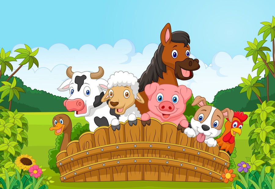 A nursery with a white crib and dresser features the Farm Friends Wall Mural—cartoon farm animals behind a wooden fence with green hills and blue sky. Décor includes plants and framed photos.