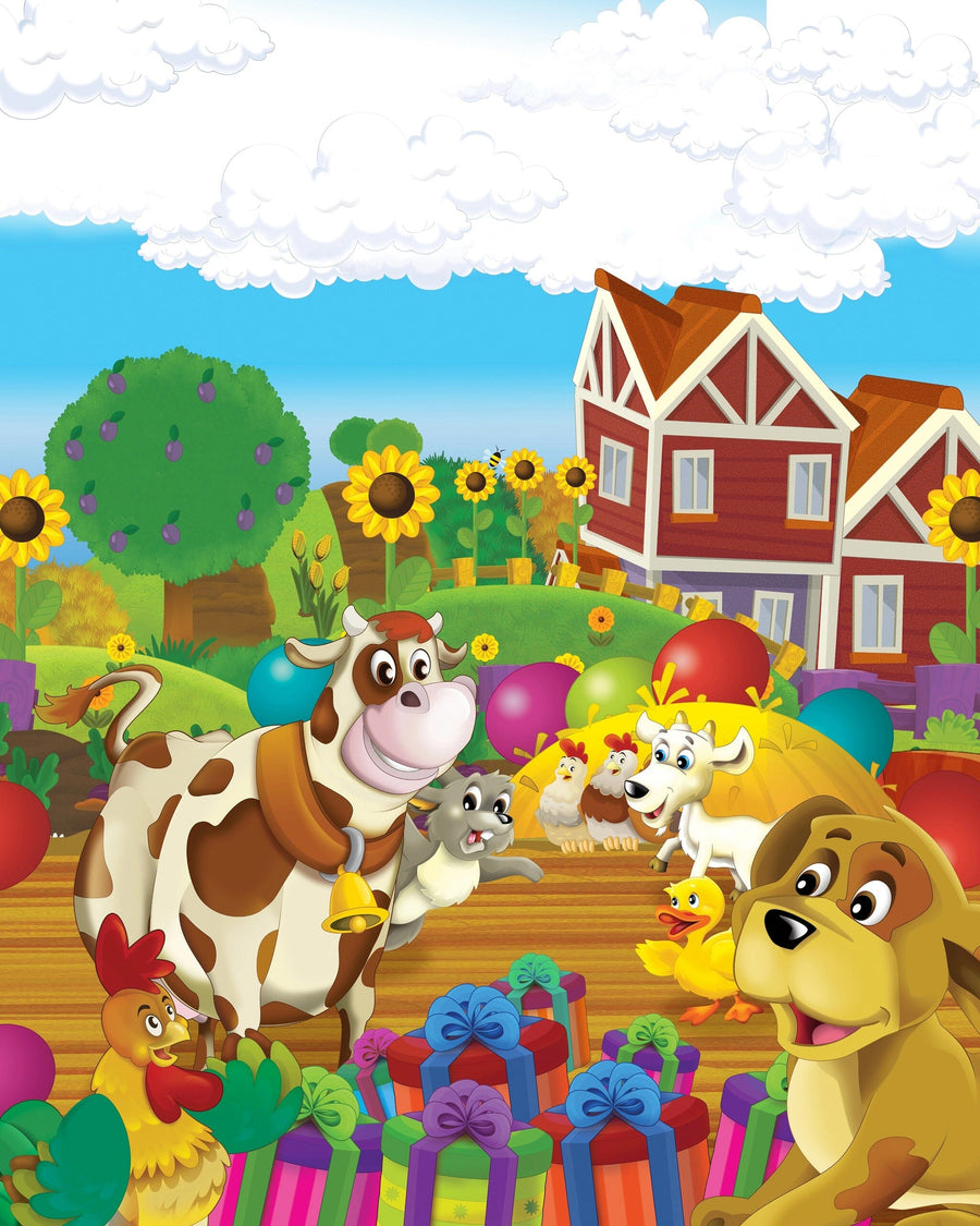A bright nursery with a crib, white wardrobe, rocking horse, and wicker basket. A round mirror by the window reflects the Farmyard Birthday Bash Wall Mural featuring cartoon farm animals and sunflowers on the wall.