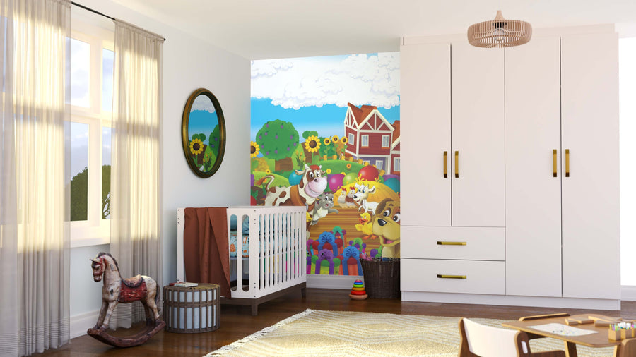 A bright nursery with a crib, white wardrobe, rocking horse, and wicker basket. A round mirror by the window reflects the Farmyard Birthday Bash Wall Mural featuring cartoon farm animals and sunflowers on the wall.