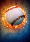 The Baseball 11 Wall Mural features a white baseball with red stitching engulfed in fiery flames against a textured background—ideal as a peel and stick mural to add bold energy and vibrant color to any space.