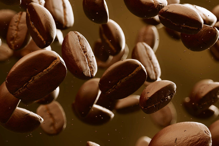 A modern café with wooden tables and black chairs features the Floating Coffee Beans Wall Mural as a focal point. Small potted plants decorate tables, pendant lights hang above, and daylight streams through large windows on the left.
