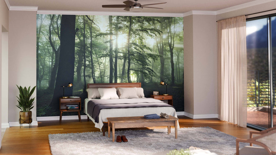 A cozy bedroom with beige walls and wood furniture features the Foggy Forest at Sunrise Wall Mural behind the bed, depicting sunlight streaming through misty trees. The space includes a gray rug, potted plant, ceiling fan, bench, and sliding glass doors.