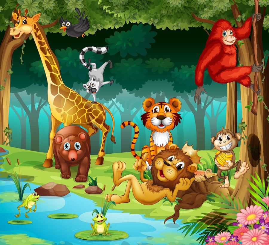 A nursery featuring a white crib, changing table, and the Forest Adventure Wall Mural—an easy peel and stick mural with cartoon animals like giraffe, tiger, monkey, elephant, owl, and birds. Shelves with decor and plants add a cozy, modern touch.