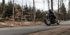 A rider in black gear races a motorcycle on a forest road, reminiscent of the excitement captured in the "Forest Motorcycle Ride Wall Mural" by Deposit Photo. Leafless trees and brown leaves blur by, conveying an exhilarating sense of motion and adventure.