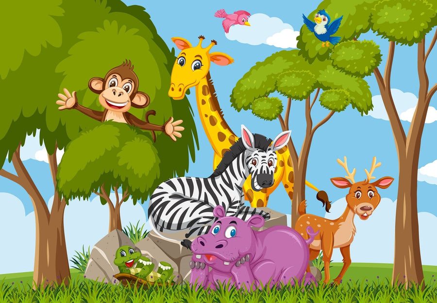 A bright, tidy nursery with a crib, rocking horse, and round mirror features the Forest Safari Friends Wall Mural—cartoon jungle animals among green trees and blue sky—while sunlight pours through tall windows.