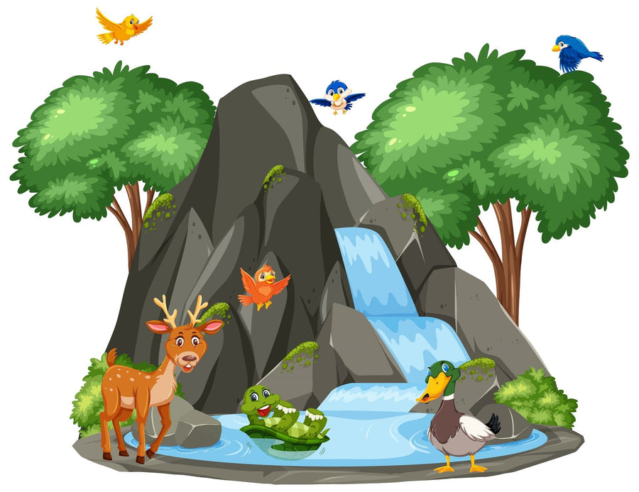 A nursery with a white crib, dresser, green plant, and the Forest Waterfall Scene Wall Mural showing a waterfall, trees, and cartoon animals like birds, a fox, and a duck. Baby supplies and pictures sit on the dresser and wall shelves.