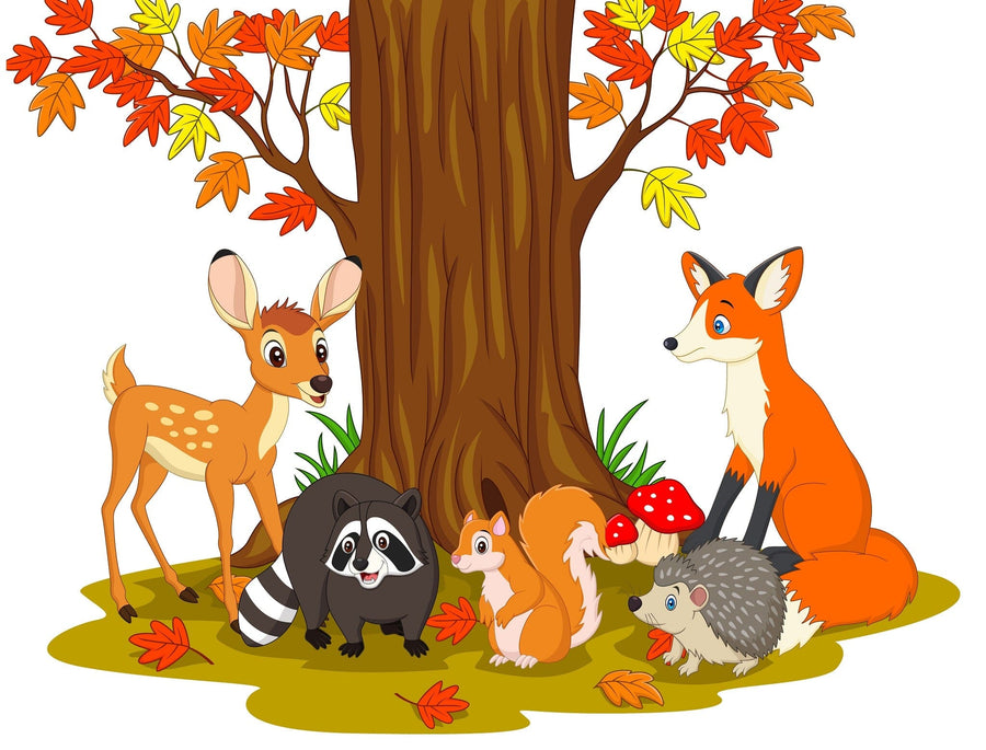 A bright nursery showcases the "Fox and Friends Wall Mural" with forest animals under autumn leaves. Sunlight streams in over a crib, rocking horse, plush rug, toy blocks, and a large white wardrobe.