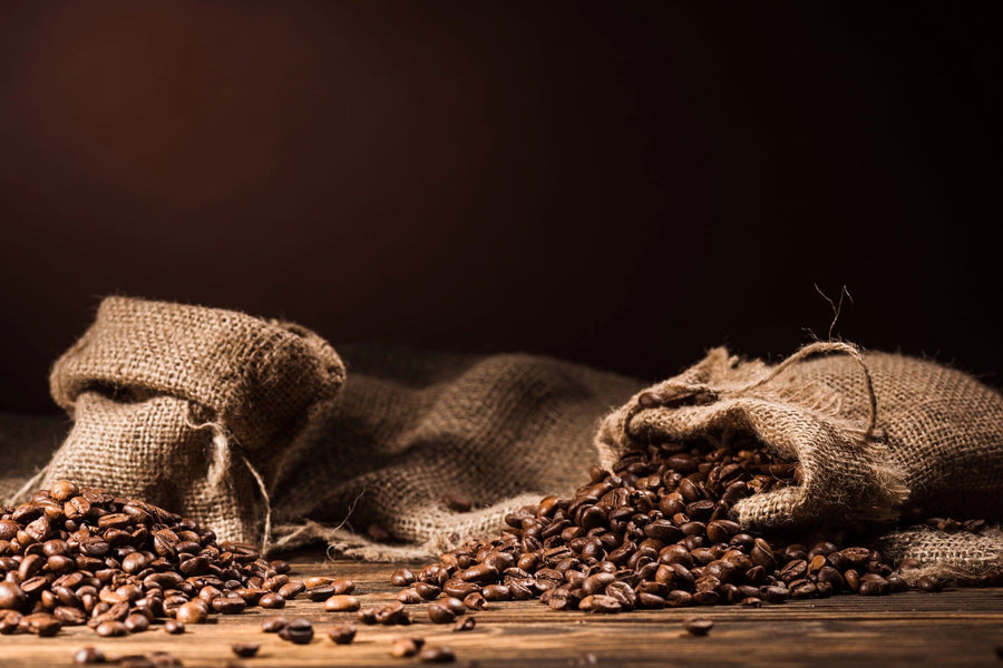 A modern coffee shop features wooden tables and stools, potted plants on each table, pendant lights above, large windows for natural light, and a Freshly Roasted Beans Wall Mural of burlap sacks spilling roasted coffee beans.