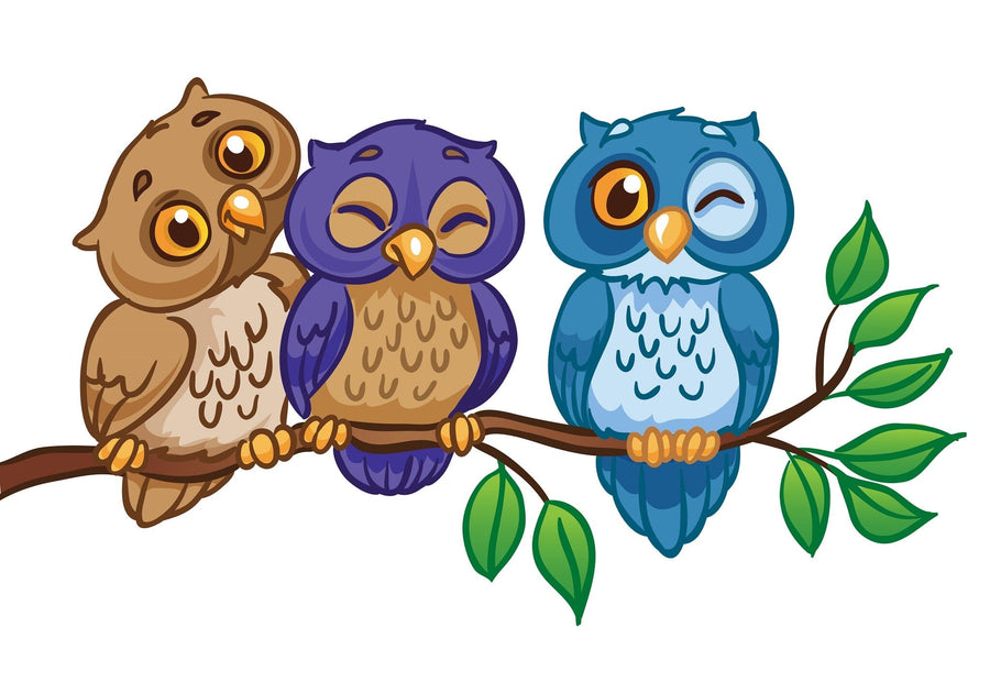 A nursery with a white crib, dresser, gray rug, toys, framed art, plants, and a shelf with baby items feels cozy. The highlight is the Friendly Owls Wall Mural—three cartoon owls on a branch in peel-and-stick style.