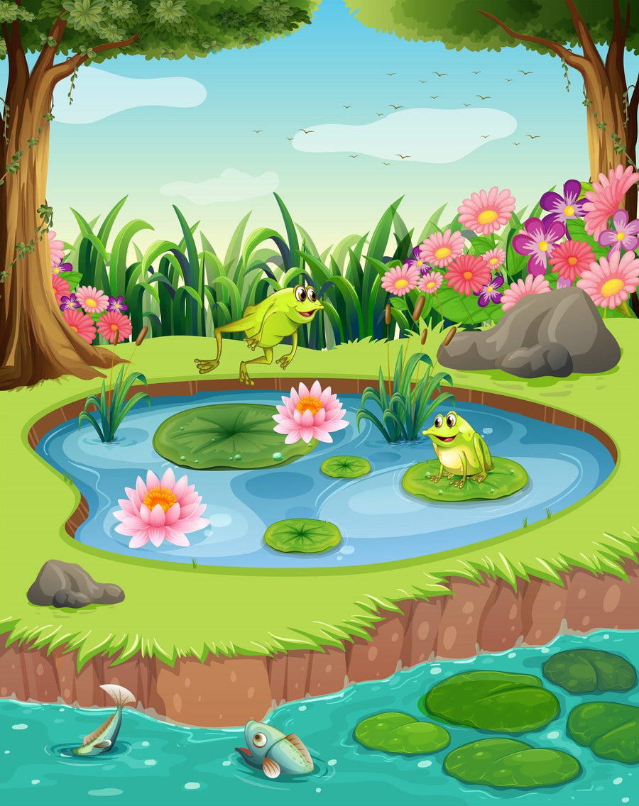 The Frogs by the Pond Wall Mural features vibrant frogs in a colorful pond scene with flowers, grass, rocks, and trees. This peel and stick mural is easy to install and brings lively nature indoors.
