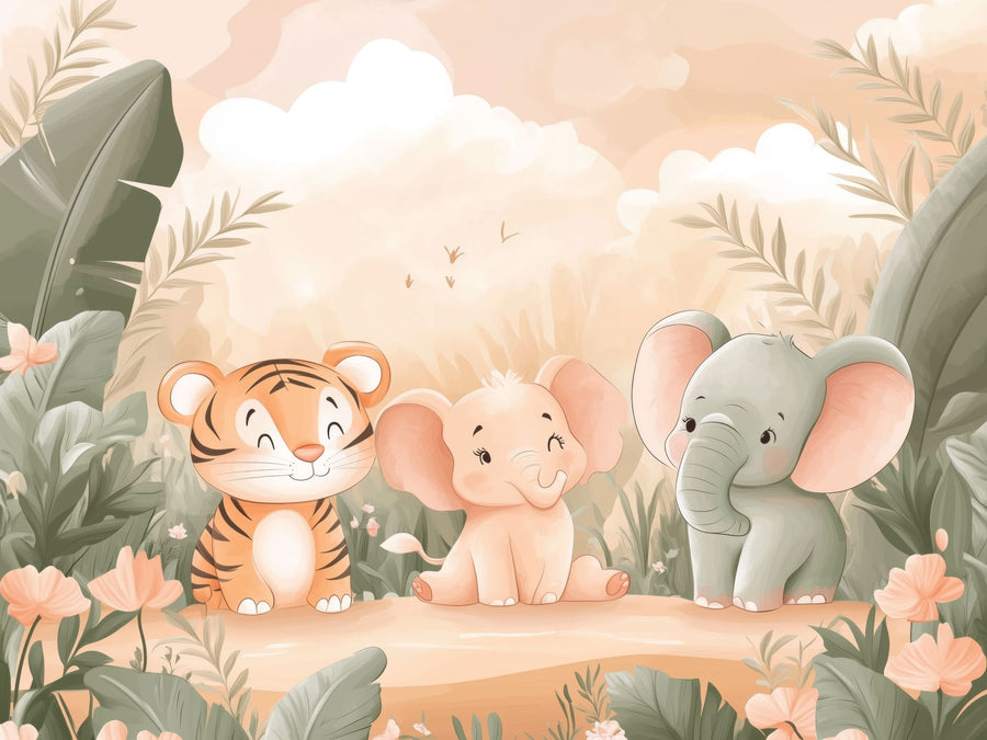 A nursery with a white crib, wood floors, and soft neutrals features the Gentle Giants Wall Mural—a peel-and-stick mural with cartoon tiger, elephant, and giraffe in a jungle. Wall shelves above the dresser hold books and decor.