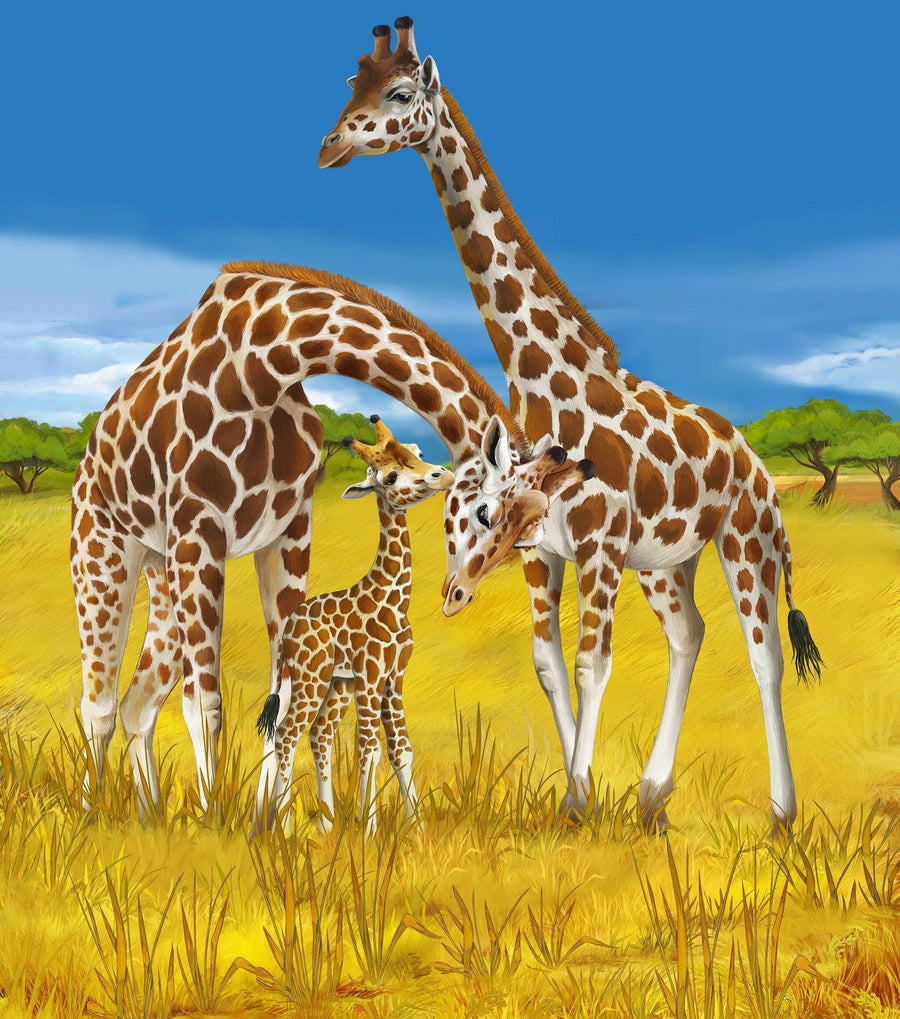 A nursery features a white crib, soft beige curtains, and a round mirror. The Giraffes Wall Mural decorates one wall. Toys and baskets are on the floor, with a tall white wardrobe standing to the right.