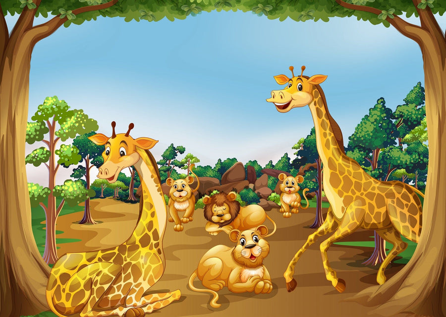 A bright nursery with a crib, rocking horse, and white furniture features the Giraffes and Lions Wall Mural. Cartoon animals and jungle scenery create a cheerful vibe as sunlight pours through the curtained window.