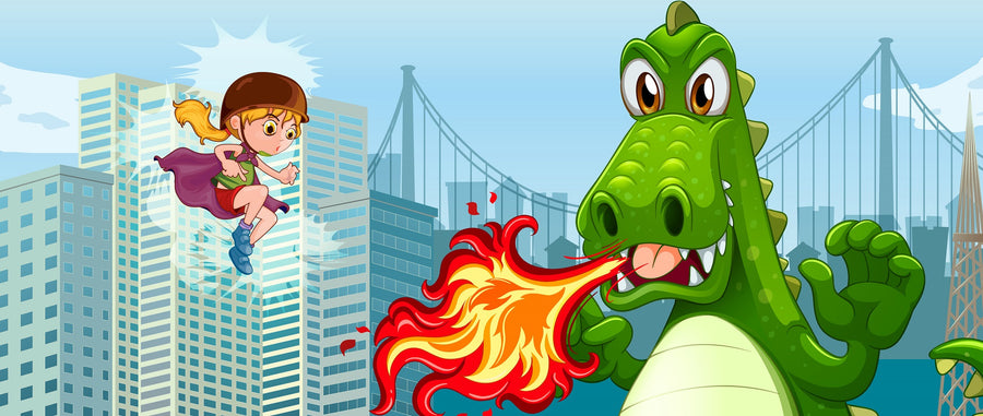 A child’s room decorated with the Girl Versus Dragon Wall Mural, featuring a girl skateboarding in front of buildings and a fire-breathing dragon, along with a crib, rocking horse, building blocks, and blue curtains by a large window.