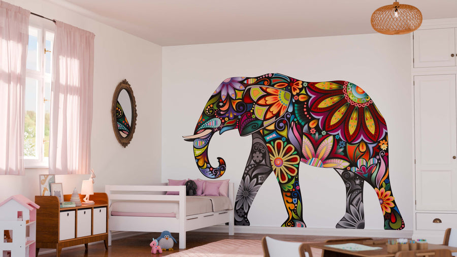 A tidy, bright children’s bedroom features pink curtains, a white bed, toys, and a Colorful Elephant Wall Mural for a soft, playful atmosphere that kids will love. The mural is easy to apply as a peel and stick wall décor.