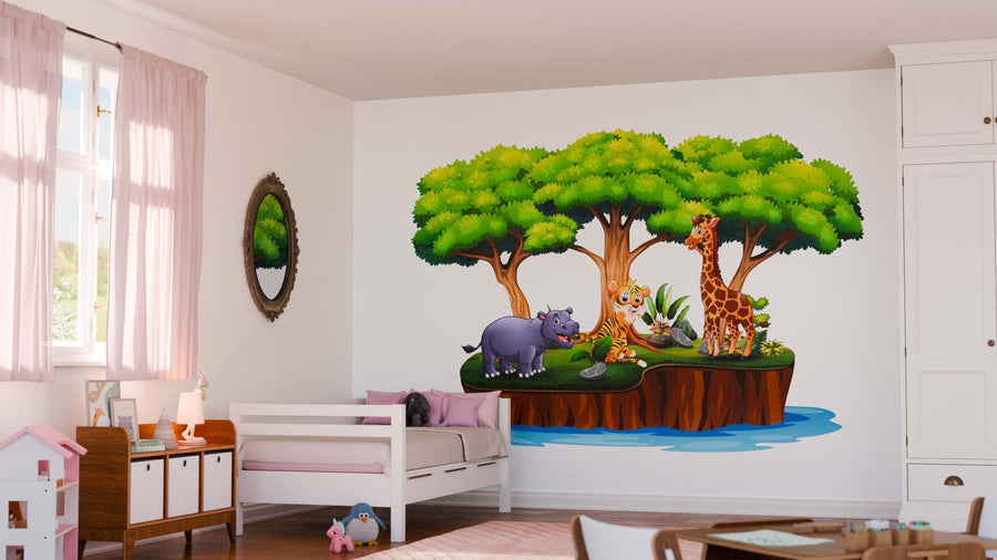 A bright, tidy child's bedroom features the Jungle Island Scene Wall Mural with cartoon giraffe, rhino, tiger, birds, and monkeys under leafy trees. The room has a white bed, soft pink decor, plush toys, and a window with sheer curtains.