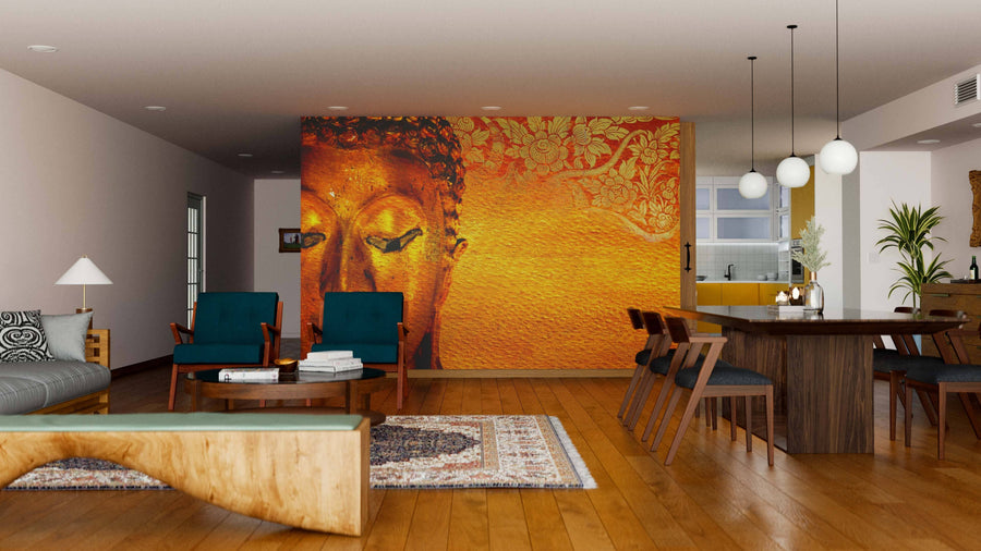 A modern living and dining area features wooden floors, teal and wood furniture, a patterned rug, and a Gold Buddha Wall Mural; an eight-seat dining table sits under spherical pendants with the kitchen in view.