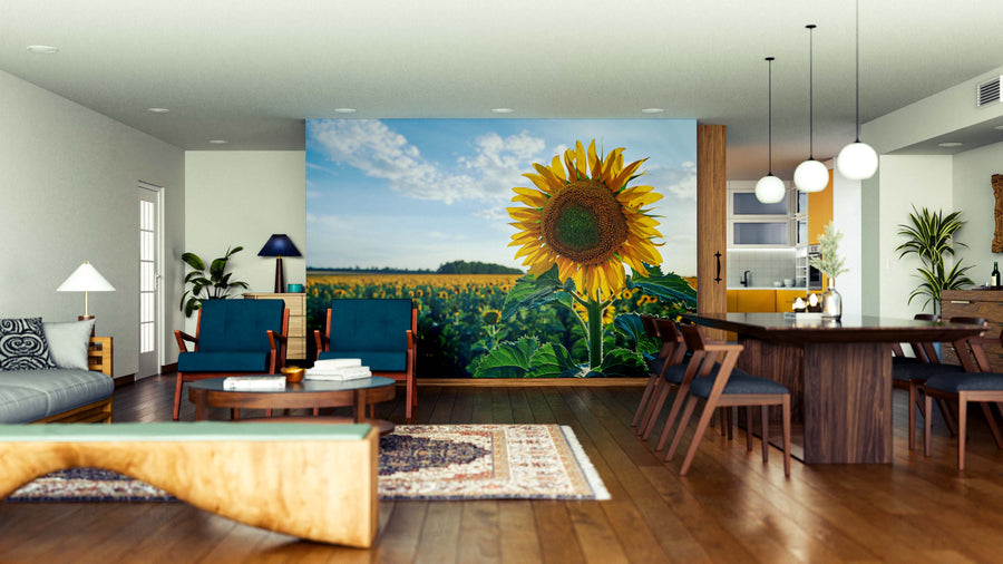 Modern open-plan living and dining area with wooden floors, mid-century furniture, and a large Golden Bloom Wall Mural. Sunlight brightens the space, creating a warm and inviting atmosphere.