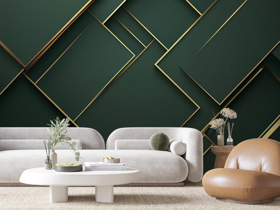 A modern living room features a dark green geometric wall, highlighted by a Golden Grid Wall Mural and gold accents. Two white rounded sofas and a brown leather chair surround a white coffee table decorated with potted plants. Neutral decor and a beige carpet complete the sophisticated look.