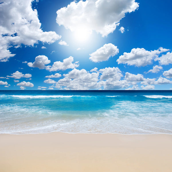 Gorgeous beach landscape with crystal blue water and fluffy clouds – Peel and Stick Wall Murals