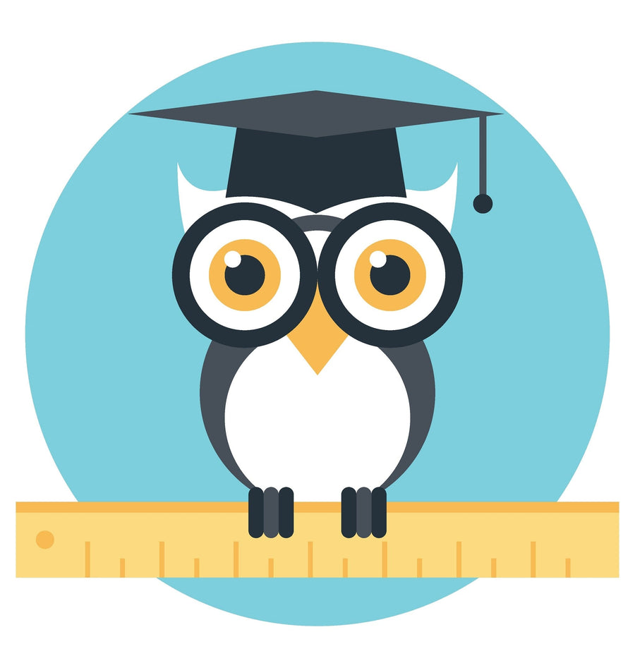 A modern nursery with light gray walls, a white crib, and dresser with changing pad. The Graduating Owl Wall Mural shows an owl in a graduation cap on a ruler. Shelves display books and framed pictures above the dresser.