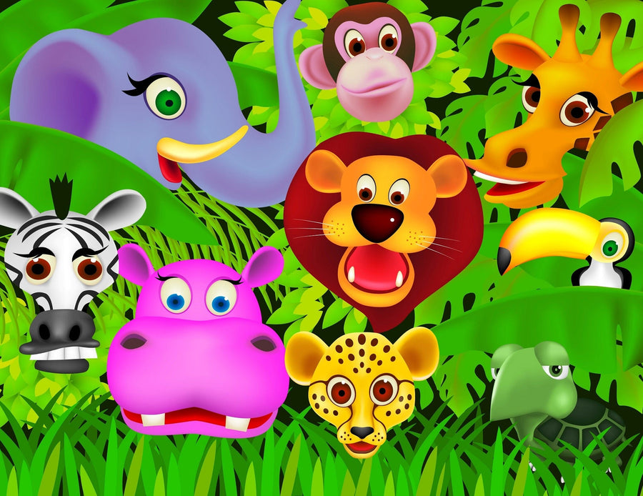 A nursery with a white crib and dresser features the Group of Wild Animals Wall Mural—colorful cartoon jungle animals amid green leaves. Toys, a plant, and photos decorate this cozy room, perfect for custom printed murals or removable wallpaper.