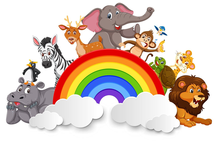 A bright nursery features the Happy Animal Rainbow Wall Mural with cartoon jungle animals—elephant, giraffe, zebra, and lion under a rainbow. The space includes a crib, toys, baskets on the wooden floor, and sunlight streaming through curtains.
