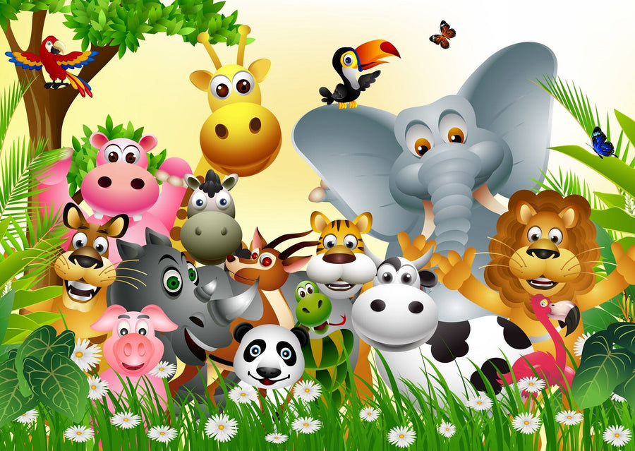 A bright nursery with a white crib and dresser features the Happy Animals Wall Mural—a colorful peel and stick design of cartoon jungle animals (elephant, giraffe, lion, zebra, hippo) among greenery, flowers, and a butterfly for easy style and fun.